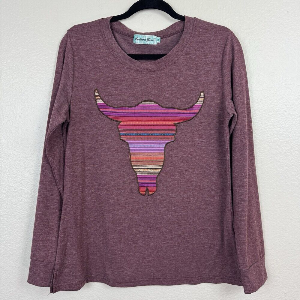 Southern Grace Southwestern Serape Cow Skull Bull Skull Long Sleeve Tee Tshirt S